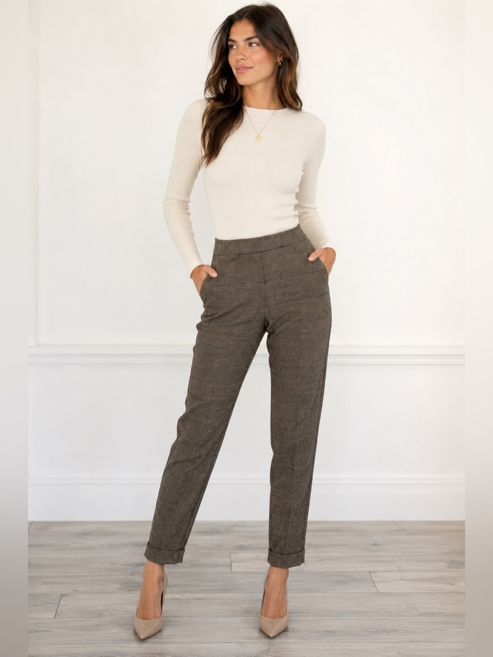 • D. Exterior • Made in Italy Women’s Checkered Print Cuffed Pants Brown 10